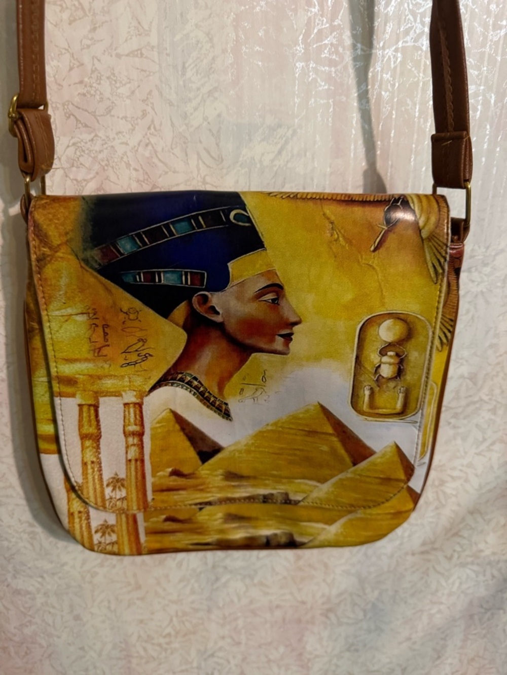 Source Unknown Yellow Egyptian Pyramid Crossbody Bag with Brown Strap